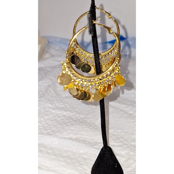 Gold Tone Dangle Drop Earrings Pierced Harem Turkish Style Hoops Elegant Evening - Picture 2 of 8